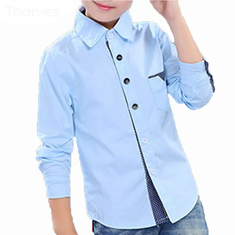 Осень 2017 г. школы Обувь для мальчиков Рубашки Одноцветная детская одежда топы
