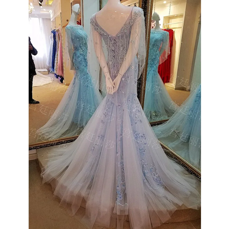 2015 Robe De Soiree светло-Синяя Русалка Аппликация вечернее платье без рукавов с