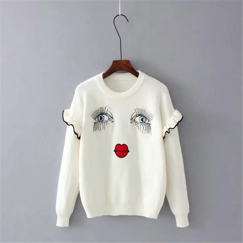 Милый свитер с рисунком глаз губ украшенный бабочкой пуловер длинным рукавом