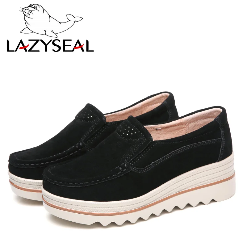 LazySeal/Женская обувь; кроссовки на платформе; обувь на плоской подошве; Повседневная обувь из натуральной замши на толстой подошве; Мокасины без застежки - Цвет: Black