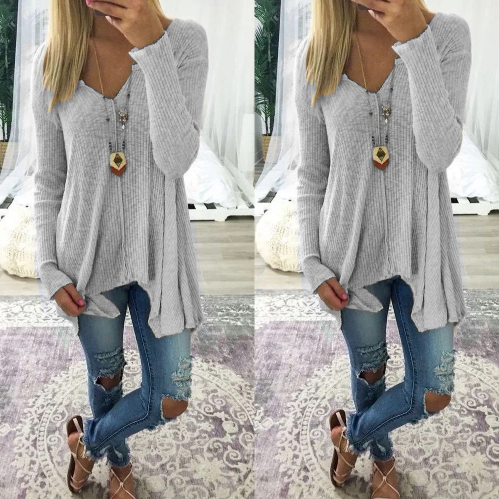 Серые свитера новинка 2018 Осенний женский однотонный вязаный свободный свитер