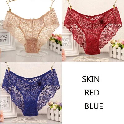 skinredblue JERRINUT, 3 шт., сексуальные кружевные короткие женские трусы, Прозрачное нижнее белье для женщин, низкая талия, хлопок, дышащие женские трусы - Цвет: skinredblue
