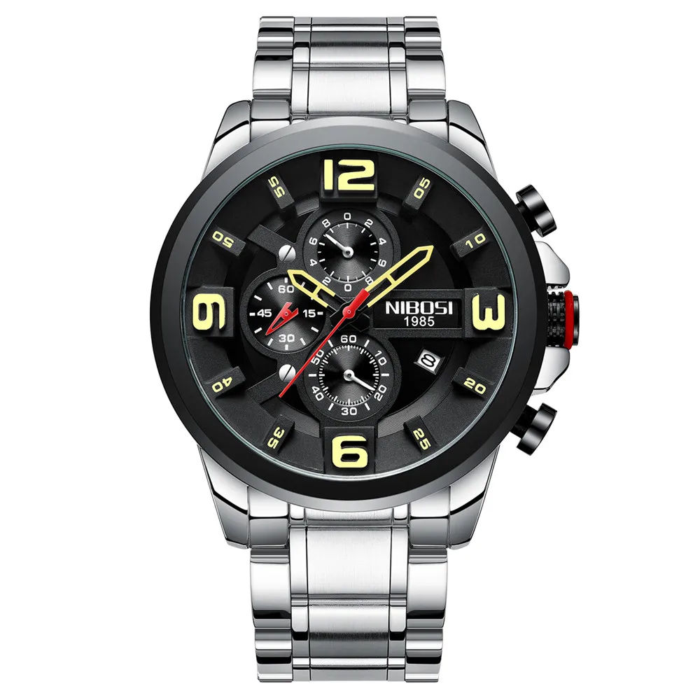Silver Black Yellow NIBOSI часы с большим циферблатом мужской роскошный бренд часов Аналоговые мужские военные часы Reloj Hombre Whatch Мужские кварцевые мужские спортивные часы - Цвет: Silver Black Yellow
