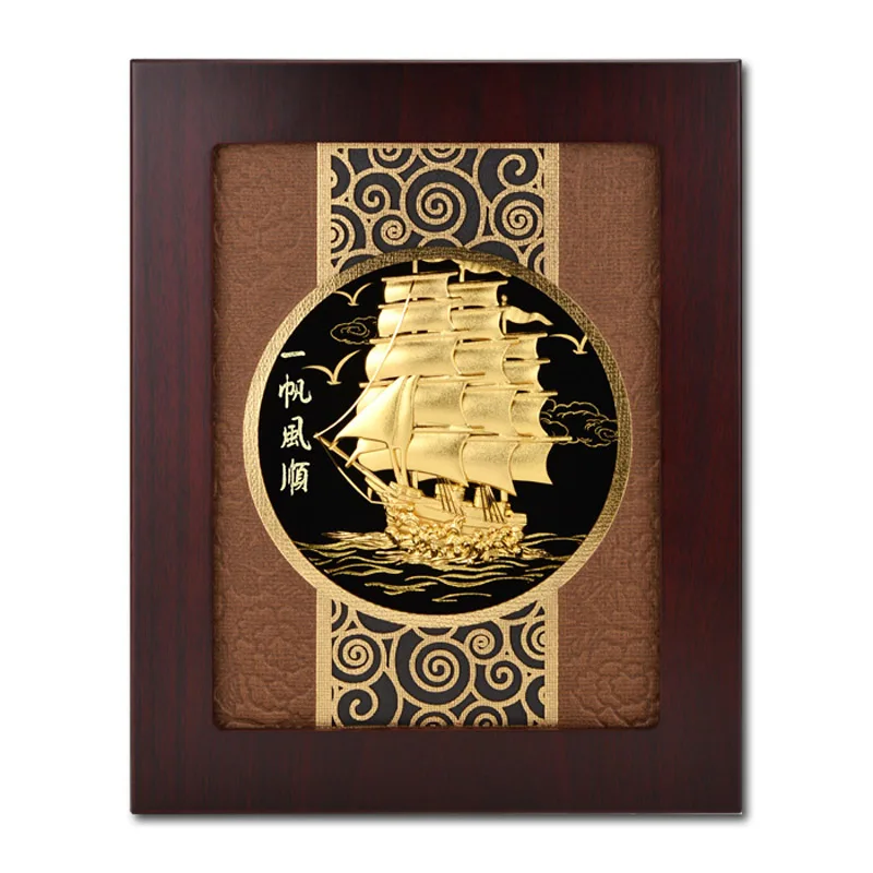 

3D Sailboat Pictures Traditional Chinese Painting 24k Gold Leaf Painting Golden Sailboat Crafts Wall Art Pictures Home Decor