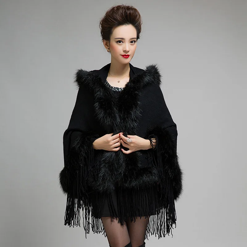 

2017 fall winter Hooded fur knit cardigan tassel sweep faux fur imitation fox fur collar shawl cape fur coat for women