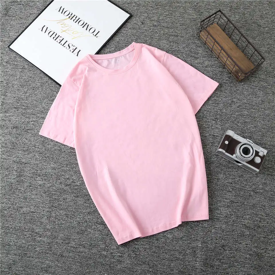 Новинка, Camisetas Verano Mujer,, Harajuku, Kawaii, волнистая, эстетическая, винтажная, парная Футболка, женская, Vogue, повседневная, с принтом, короткий рукав, Топ - Цвет: Solid color-Pink
