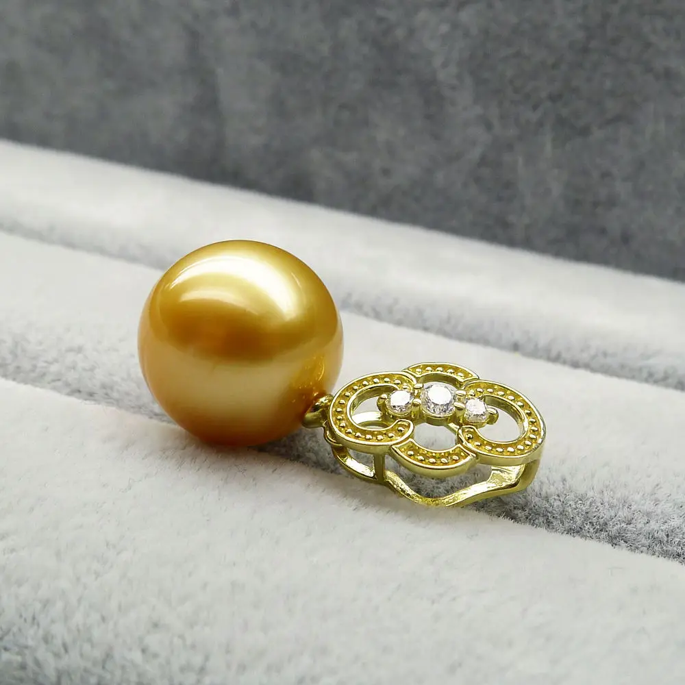 Free Shipping AAA 13.3mm Round Real South Sea Golden Pearl Diamond Pendant 18k Yellow Gold | Украшения и аксессуары