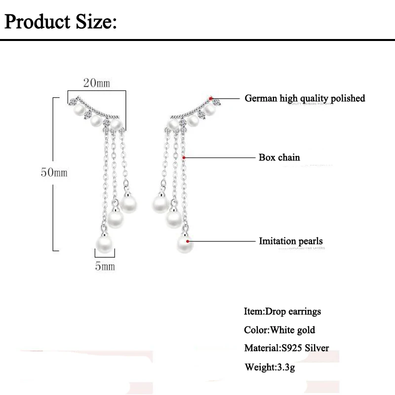 

JYouHF Fashion White Gold Plated Pearl Earrings for Women Jewelry Long Link Chain with Three Pearls Pendant Earrings Party Gift