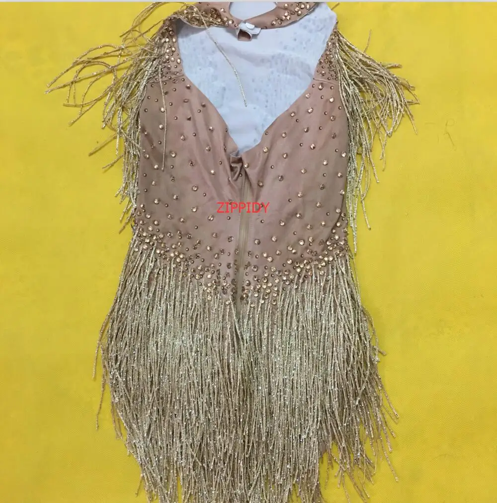 Sparkly Gold Tassel Bodysuit Rhinestones Outfit Glisten Beads Costume One-piece Dance Wear Singer Stage Leotard Headdress