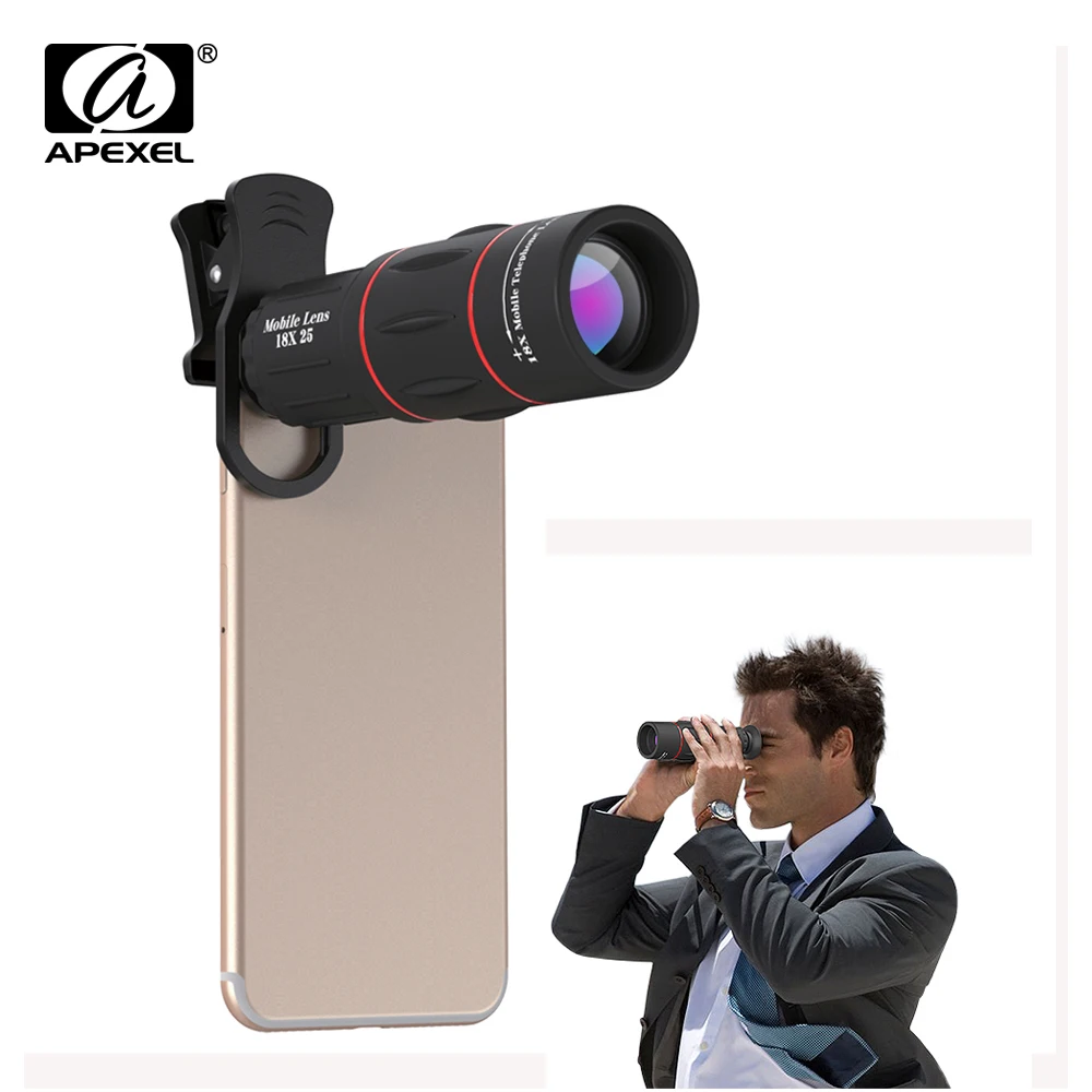 10pcs/lot APEXEL phone camera lens 18X Telescope Telephoto 18x25 Monocular for iPhone Samsung android ios smartphones | Мобильные