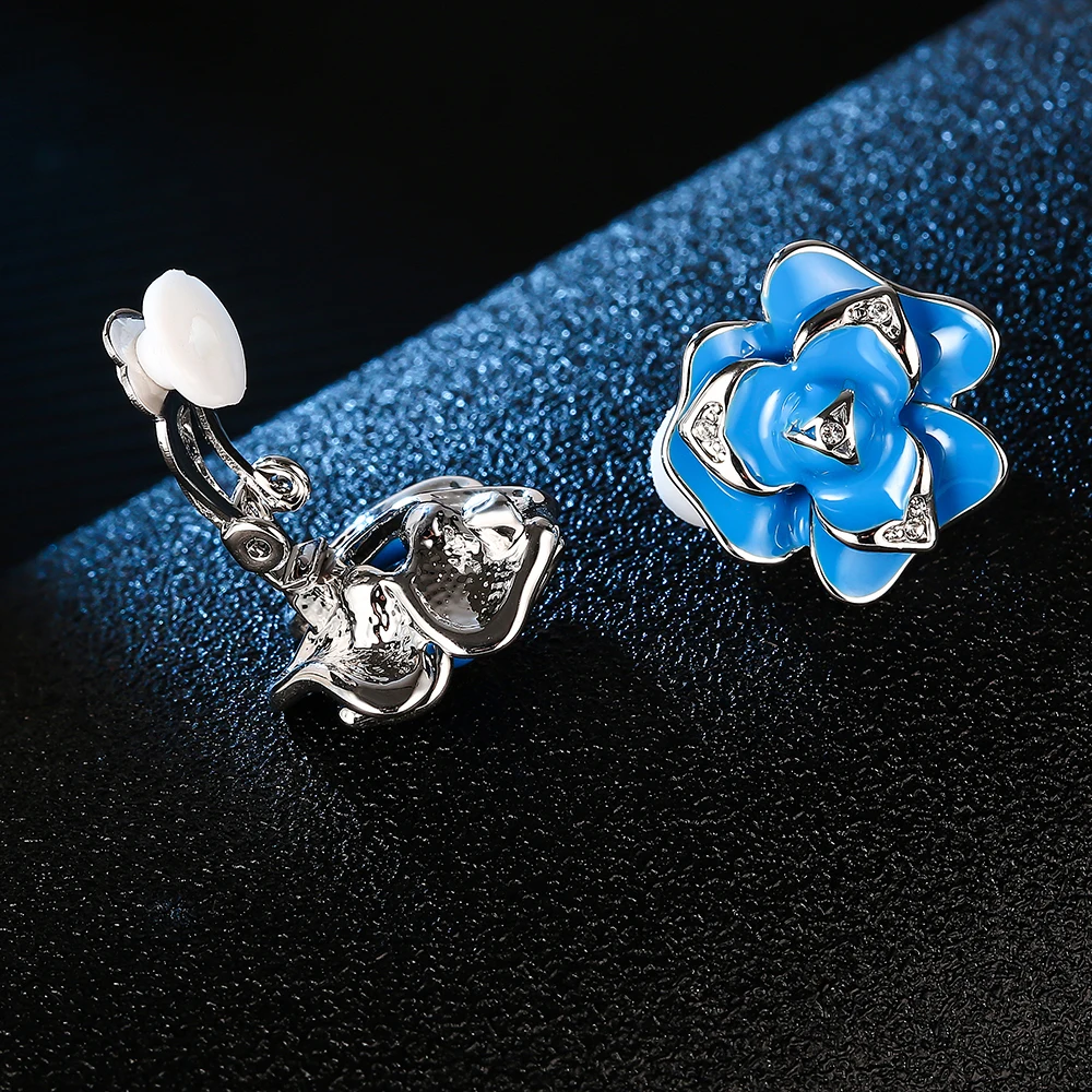 SUKI S925 Silver Blue Enamel Rose White Crystal from Austrian Pave Party Multilayer Clip on Earrings For Women Girls Gift | Украшения и