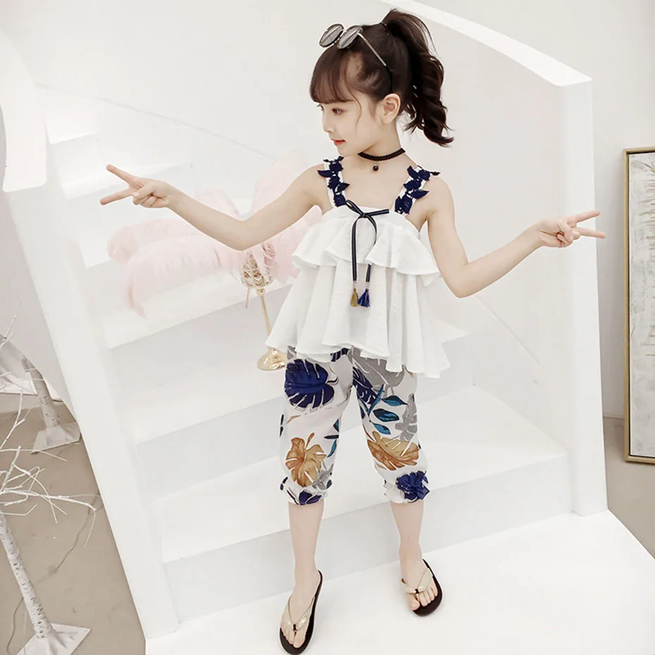 Одежда для девочек кружевной жилет с вырезом + штаны цветочным принтом комплект