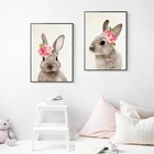 Настенная картина кролик-кролик, детское животное с цветком, постер, Картина на холсте, детская комната, девочка, Лесной Декор