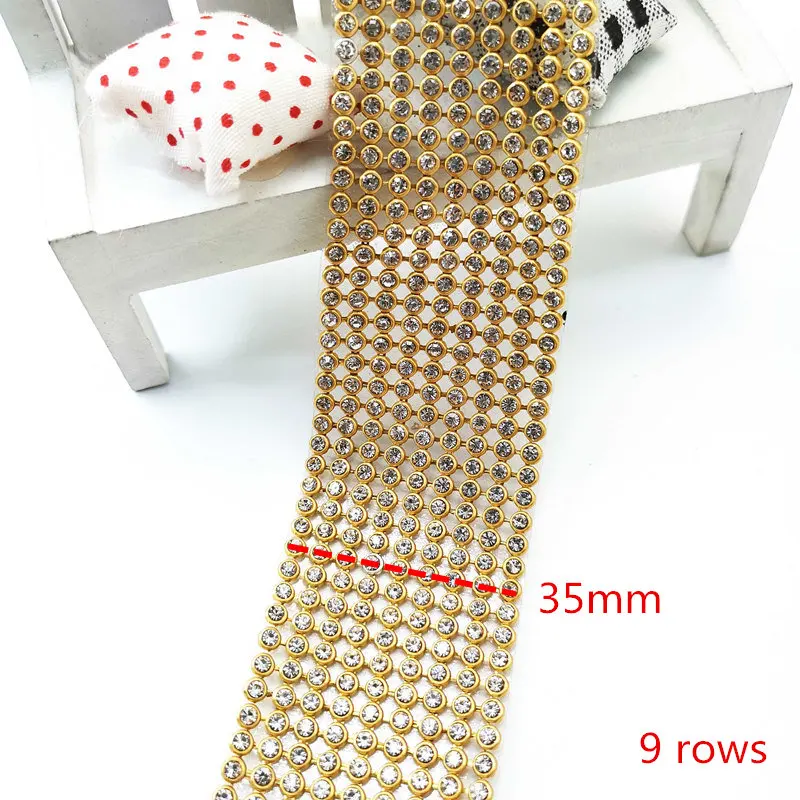 Gold 9 rows Стеклянные стразы+ серебро, алюминиевые стразы, сетчатая отделка, горячая фиксация для украшения свадебного платья DIY - Цвет: Gold 9 rows
