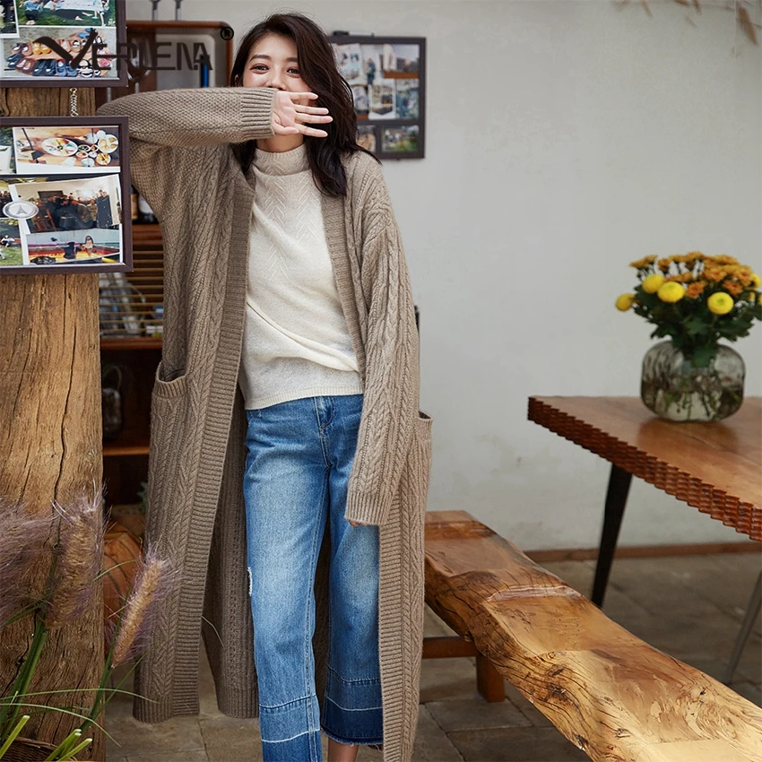 Осень кашемировый длинный свитер женский х-длинный кардиган супер мягкий теплый кабель твист шаблон Модные свитера пальто Verlena