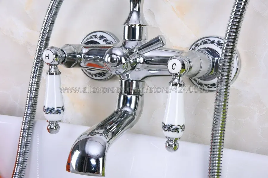 chrome brass bathroom tub faucet whand shower sprayer clawfoot mixer tap wall mounted kna207 free global shipping