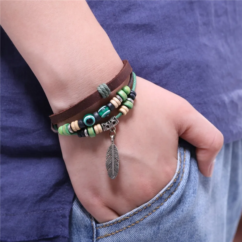 Real Leather Bracelets for Women Men Jewelry Feather Charm pulseira masculina feminina erkek bileklik Punk bracelet | Украшения и