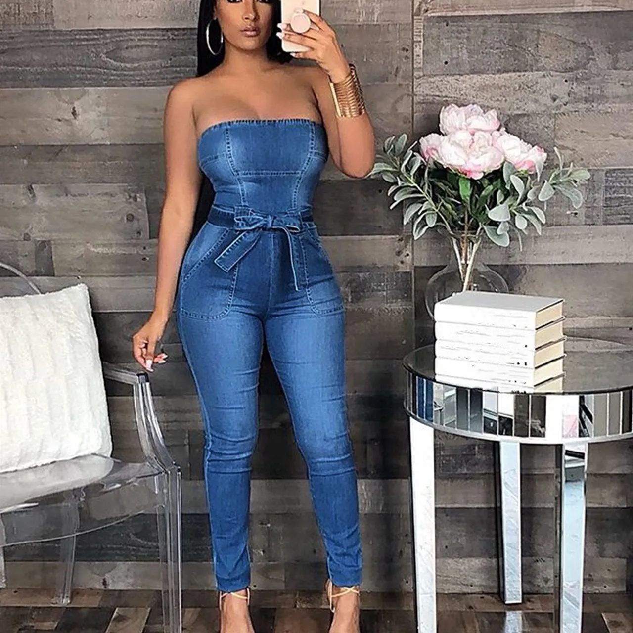Женский комбинезон без рукавов с бантом облегающий джинсовый сексуальный