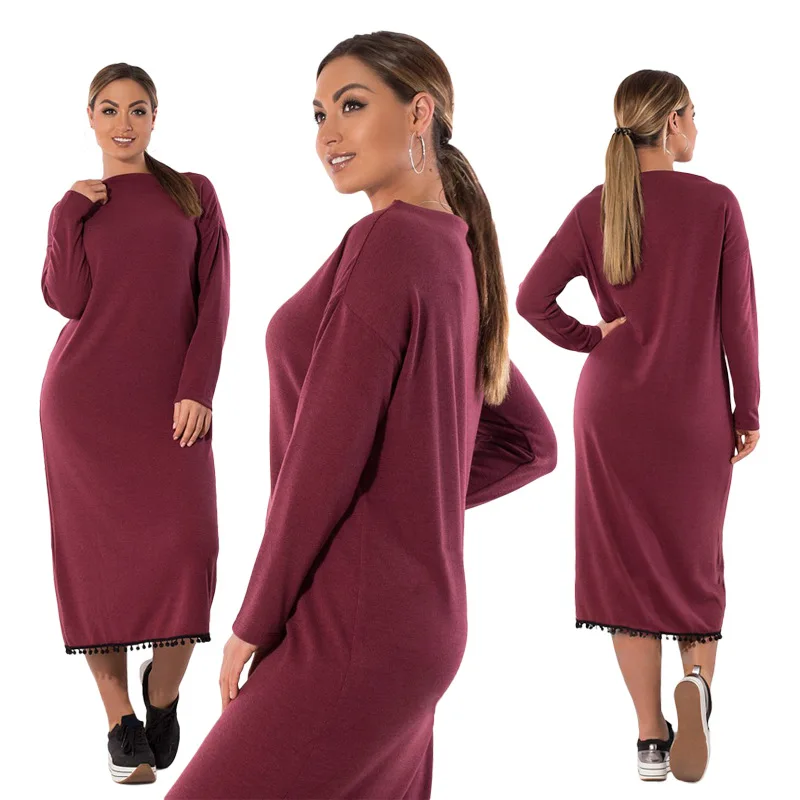 Женское однотонное прямое платье с длинным рукавом и круглым вырезом|loose dress|dresses