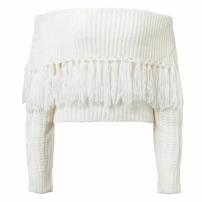 Sexy Women Slash-Neck Tassels Sweater Off the shoulder Fringed Pullover Knitted Shirt Long Sleeved High Waist Tops 2018 New | Женская