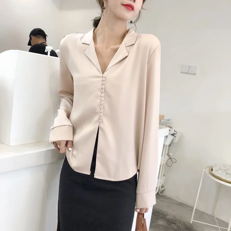 Цвет шампанского Slik блузка с длинным рукавом лето осень 2018 рубашки корейский
