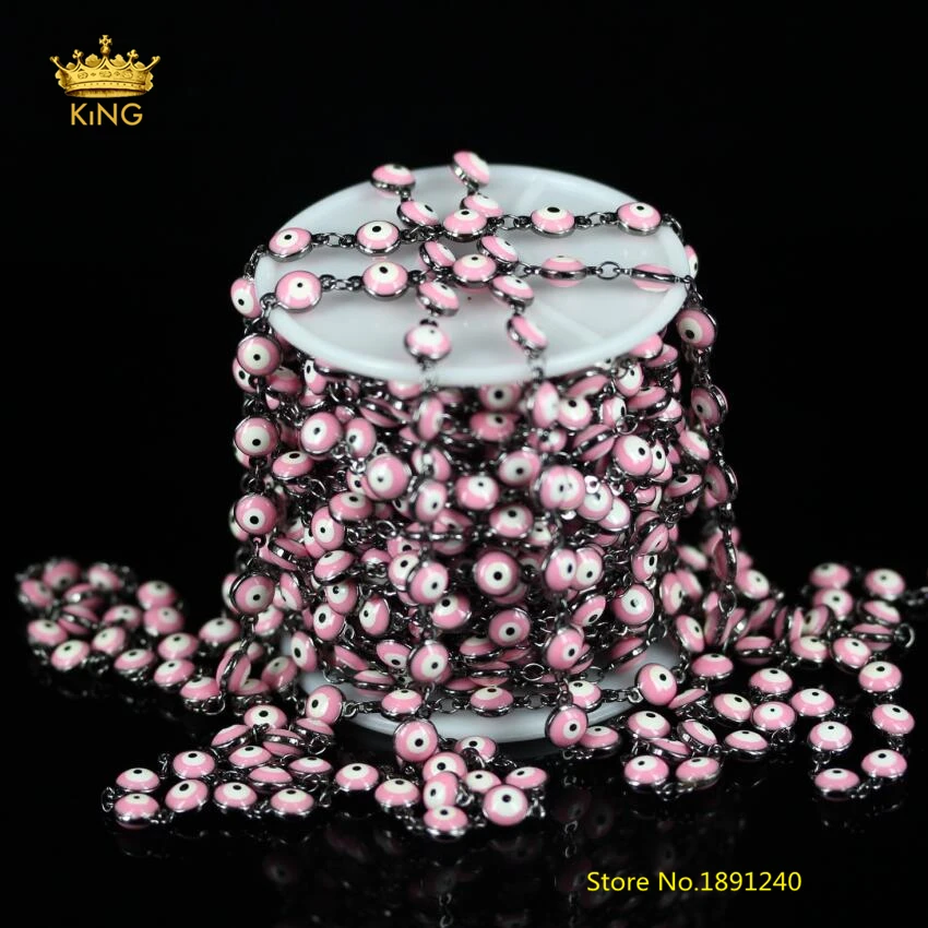 

5meters,Wire Wrapped Pink Evil Eye Lampwork Beads Coin Shape Chains,Flat Round Glass Rosary Chains Plated Gun Black Chains DTS01