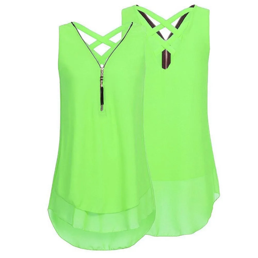 Loneyshow Zipper Cross Chiffon Shirt 2018 Sexy Women Summer Office Style Sleeveless Patchwork V-Neck |