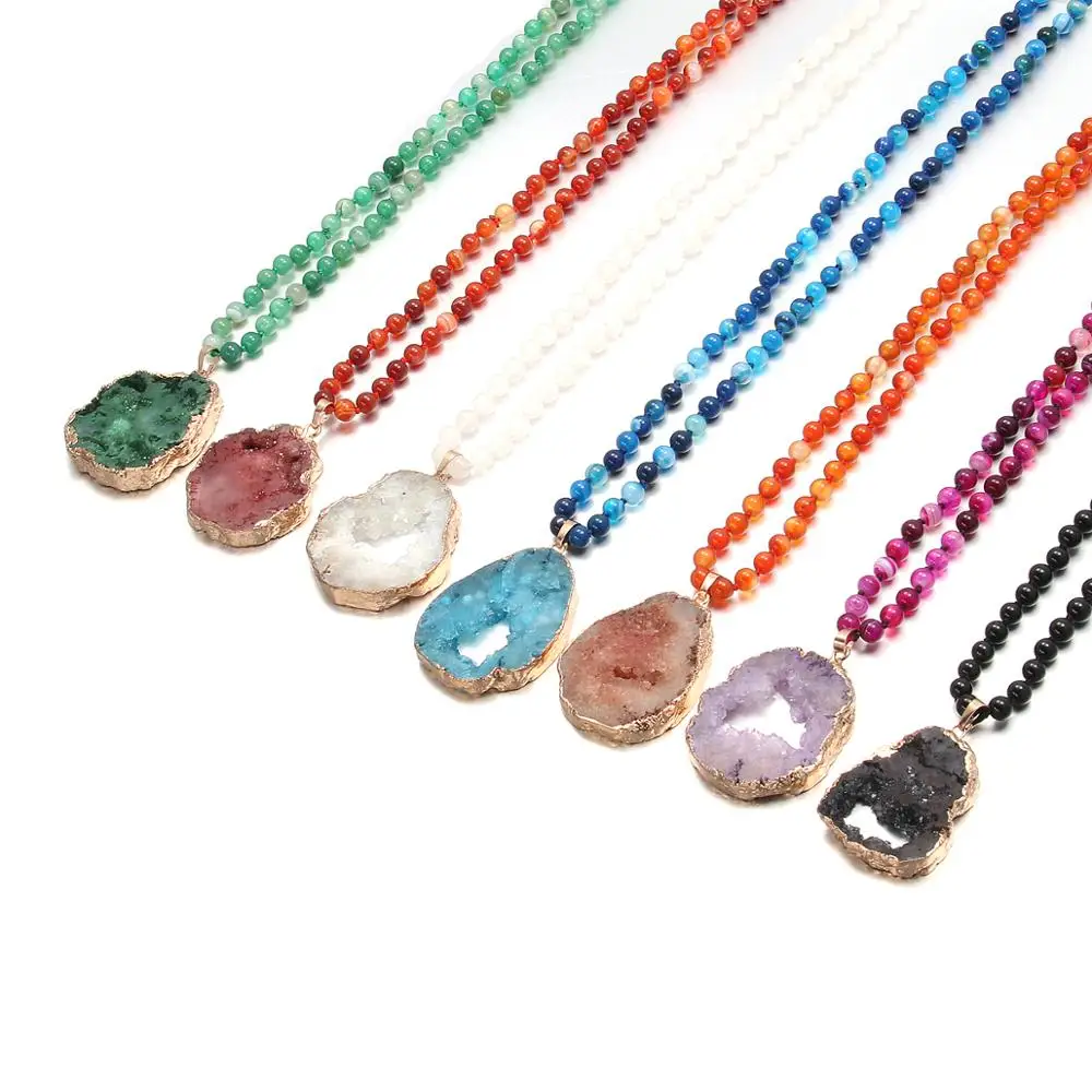 

2021 Fashion Jewelry 6mm Natural Semi Precious Stones Agates Irregular Drop Pendant Stone Long Necklace Women