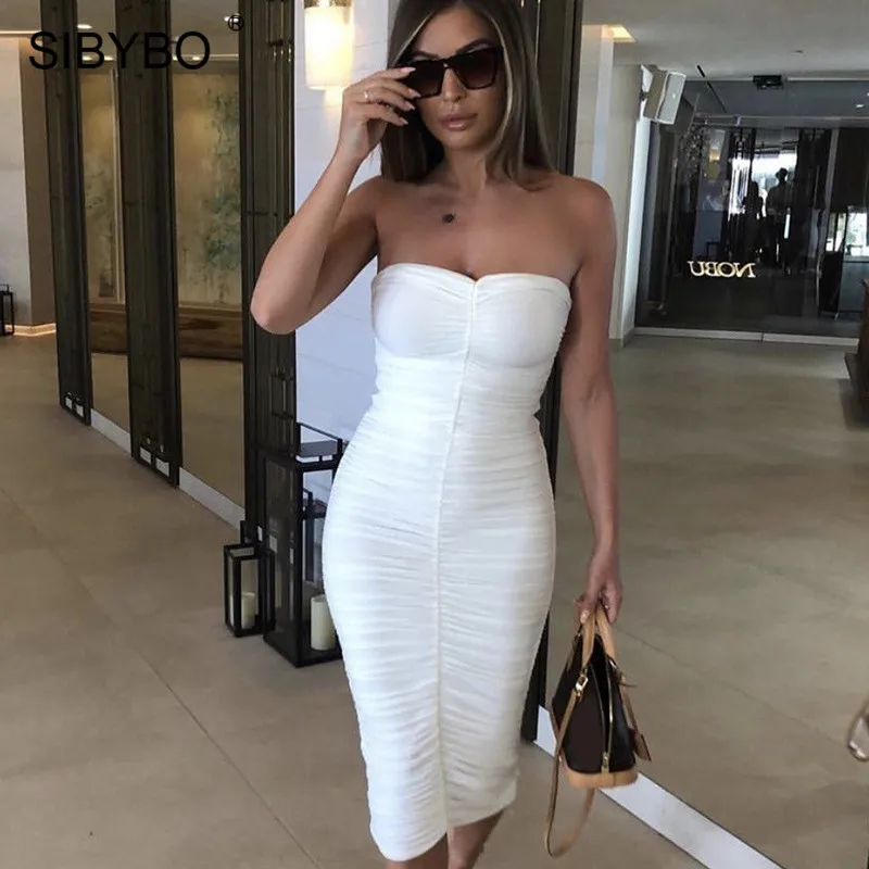 SIBYBO Strapless Pleated Sexy Bodycon Dress Off Shoulder Sleeveless Summer Party Dress Women Backless Beach Casual Women Dress