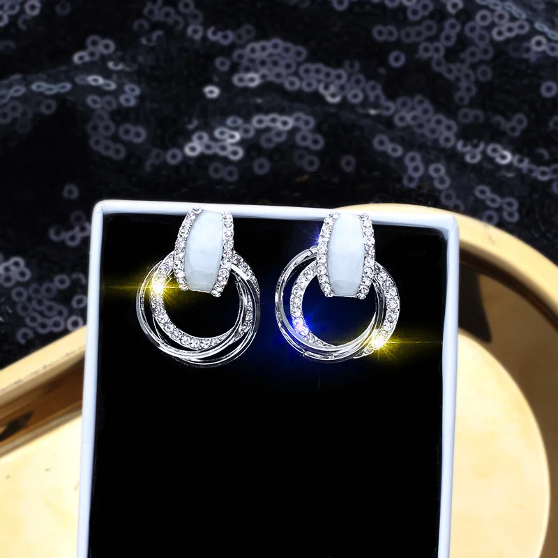 8SEASONS Luxury Rhinestone Rose Gold Silver Color Metal Stud Earrings Big Round Circles Pendant for Women Party Jewelry 1 Pair | Украшения