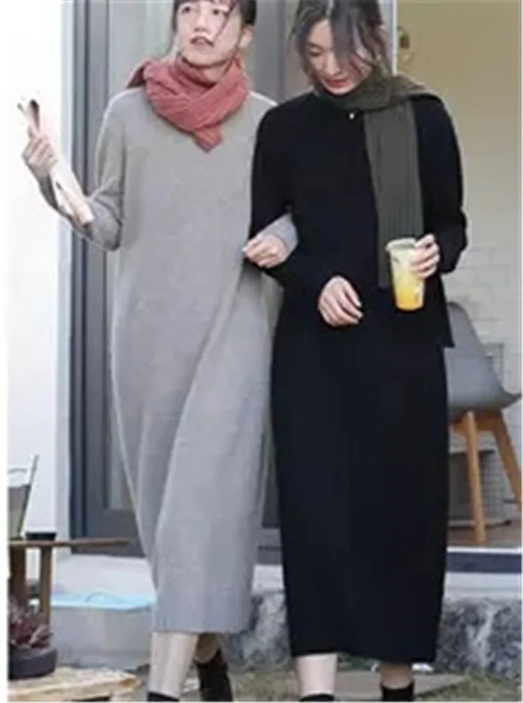 100%cashmere thick knit women brief low Oneck loose long dress sweater solid color S-L