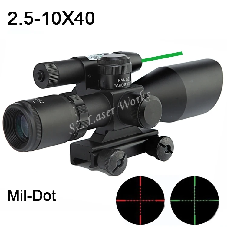 Охота 2.5-10x40 Тактический Прицел с Зеленый Лазер Двойной подсветкой Mil-dot