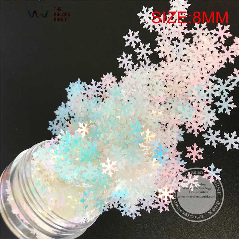 Радужный перламутровый белый в форме снежинок TCI21S 8 мм с светло розовым синим
