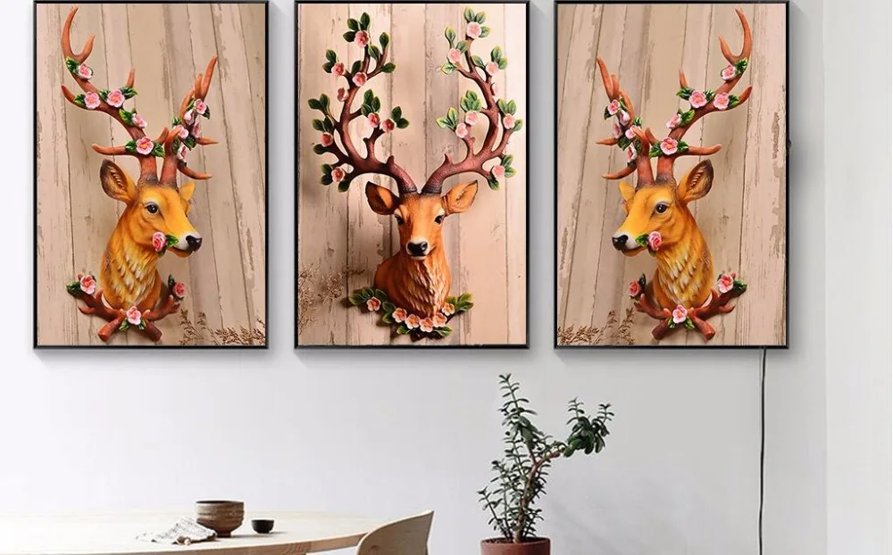 

Nordic simple auspicious tree elk flower decorative painting triple frameless painting frameless painting unframed