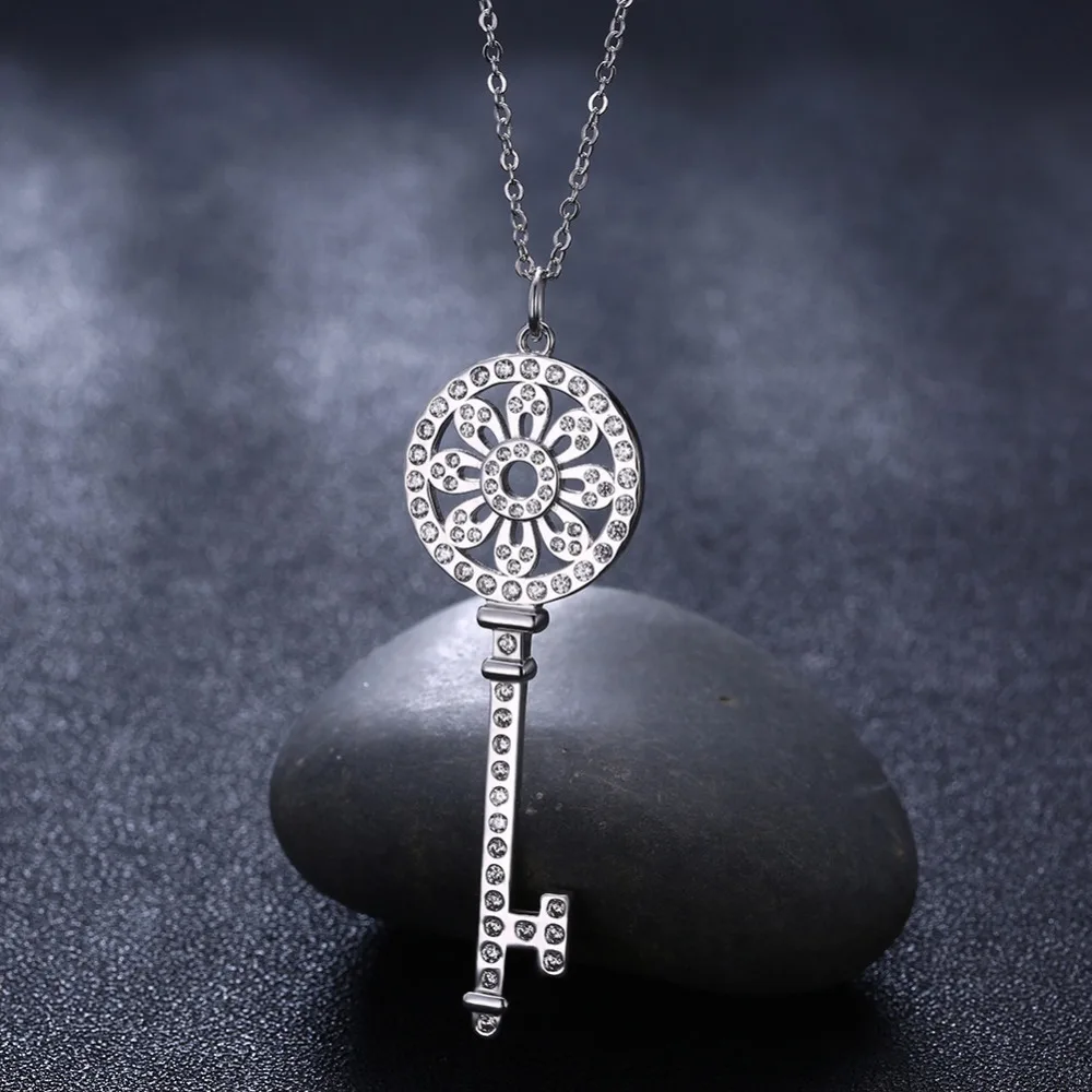 Top solid sterling silver key design necklace luxury Pendant Necklaces ladies pave zircon Jewelry birthday Gift | Украшения и
