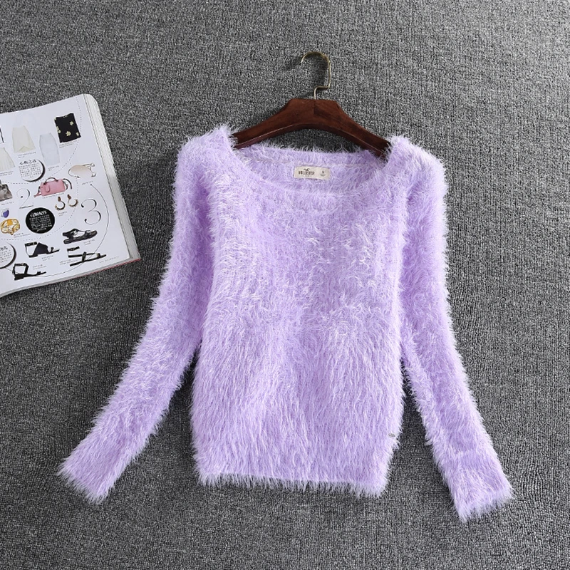 Korean style Women's Candy colors Mohair Wool Sweater 2019 Winter Soft Thicken Warm Knitted Women Sweet Short Sweaters | Женская