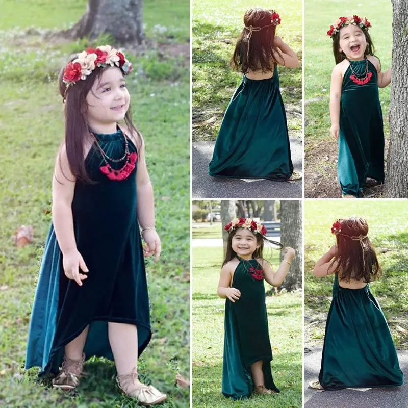 Новинка года милое длинное бархатное платье с лямкой на шее для маленьких