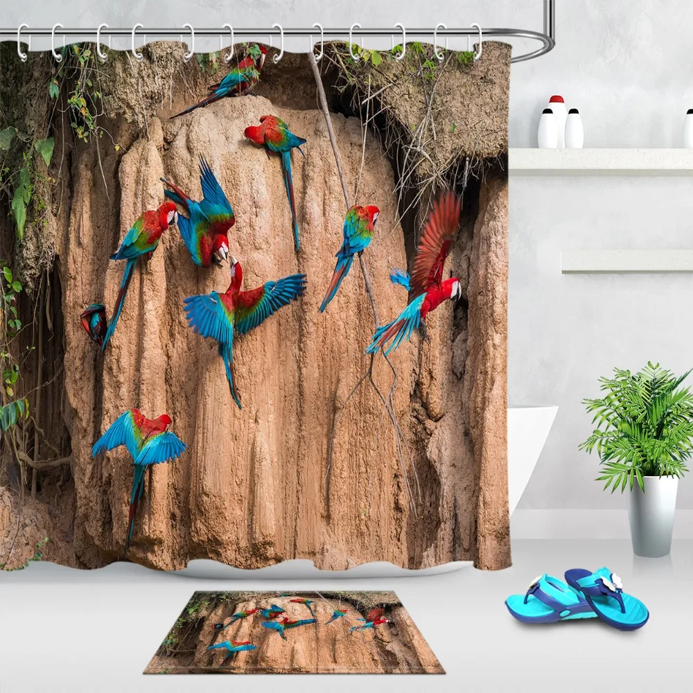 

Tropical Parrot Clay Lick In The Peruvian Jungle Shower Curtain with Mat Bathroom Fabric for Nature Bathtub Dec