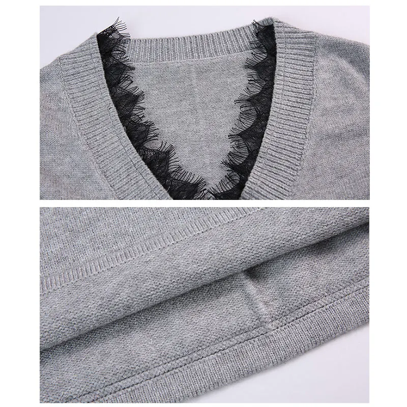 

Willstage 2019 Autumn Winter Sweater Women Loose Casual V neck Lace Patchwork Knitted Tops Solid Gray Red Sweaters Pullovers New