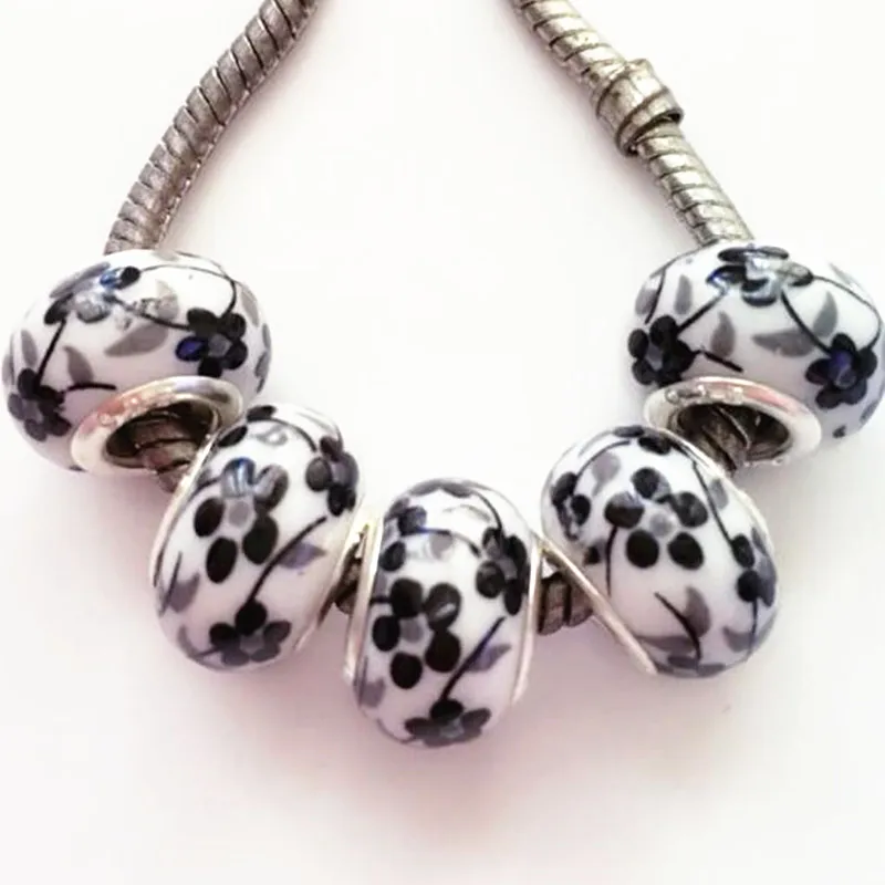 50 шт./лот черный цветок серебро основные большая дыра керамические бусины