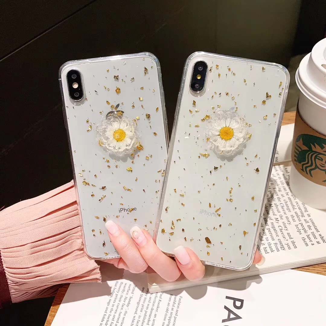 Glitter 3D Daisy Dried Real Flowers Clear Phone Case For iPhone XS Max XR 6 6S 7 8 Plus X Transparent Soft Silicone Cover |