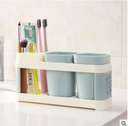 2 cup blue Bathroom Toothbrush Cup Toothbrush Holder Suits Toothpaste Bath Set Bathroom Storage Rack Holder Toothpaste Storage Box - Цвет: 2 cup blue