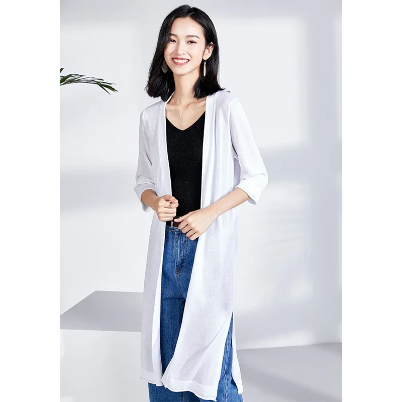Suvance Summer Fashion V Neck 3 Color Long Cardigan Patchwork Knitted Loose Sunscreen Women Outwear |