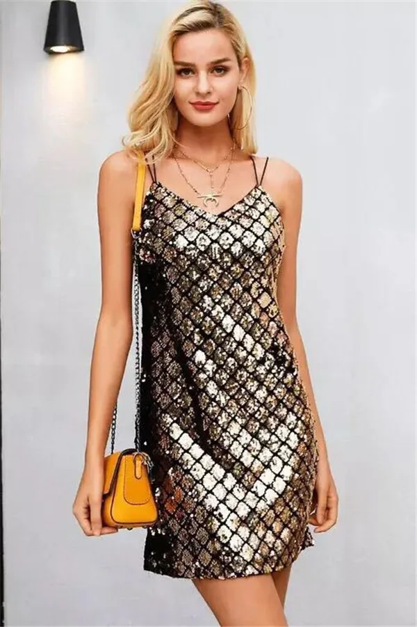 Новое блестящее платье Cakucool на бретелях спагетти золотое серебряное с блестками