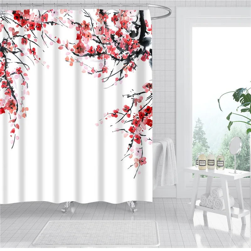 Red Flowers Printed 3d Shower Curtains Waterproof Polyester Fabric Bathroom Screen Chinese Style Bath Curtain Set with Hooks