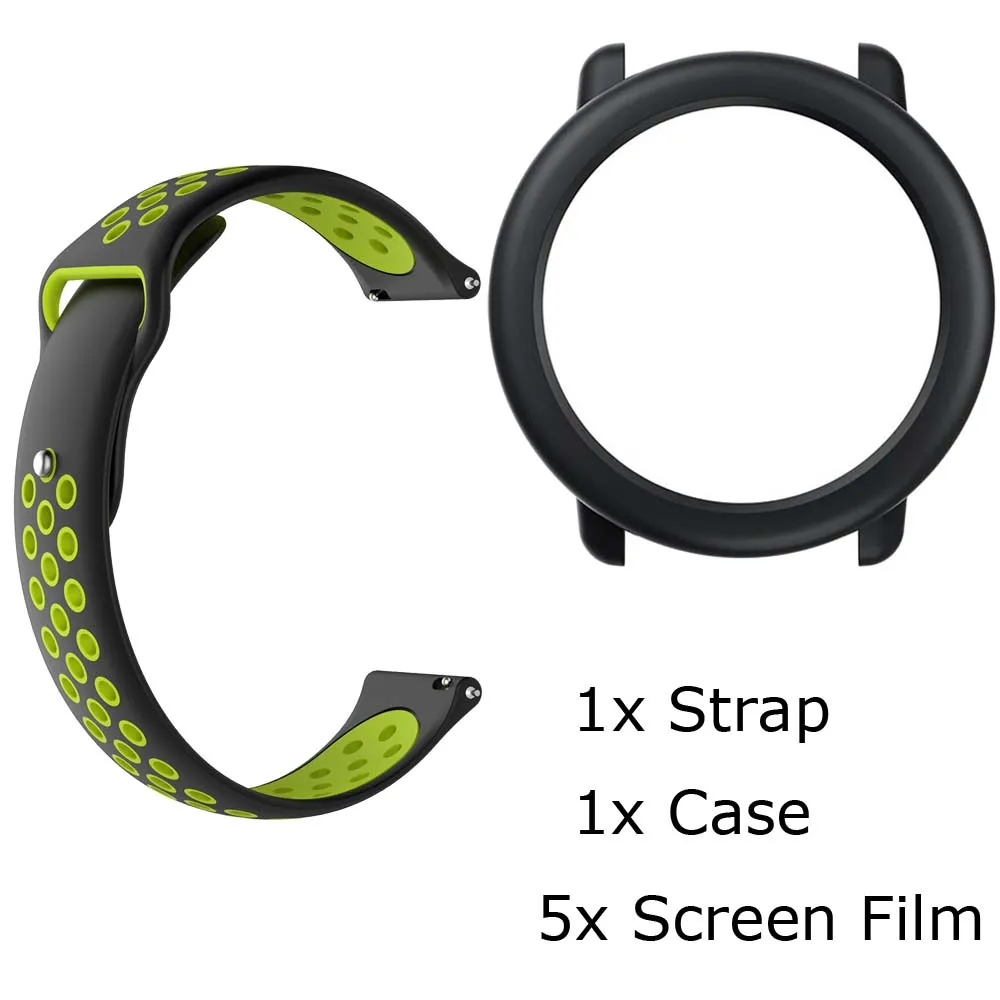 7/лот для Xiaomi Huami Amazfit Pace ремешок для часов браслет силиконовый Pulsera Correa Band защитный чехол Защитная пленка для экрана - Цвет: BlackGreen-BlackCase
