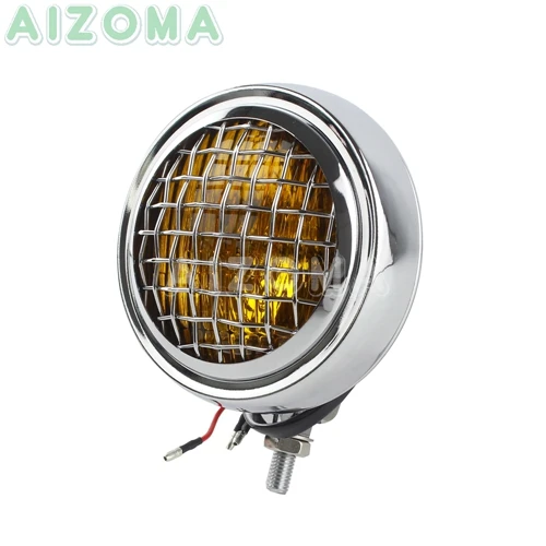 Chrome Yellow Lens 4," Кафе фара гонщика мотоцикл Гриль Крышка головного света герметичная луч желтая лампа для Honda Yamaha Harley CB XS SR 250 - Цвет: Chrome Yellow Lens