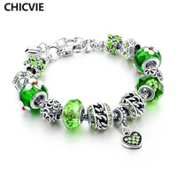 chicvie green heart crystal flower charm bracelet bangle for women girls bridal wedding silver jewelry bracelets femme sbr160032