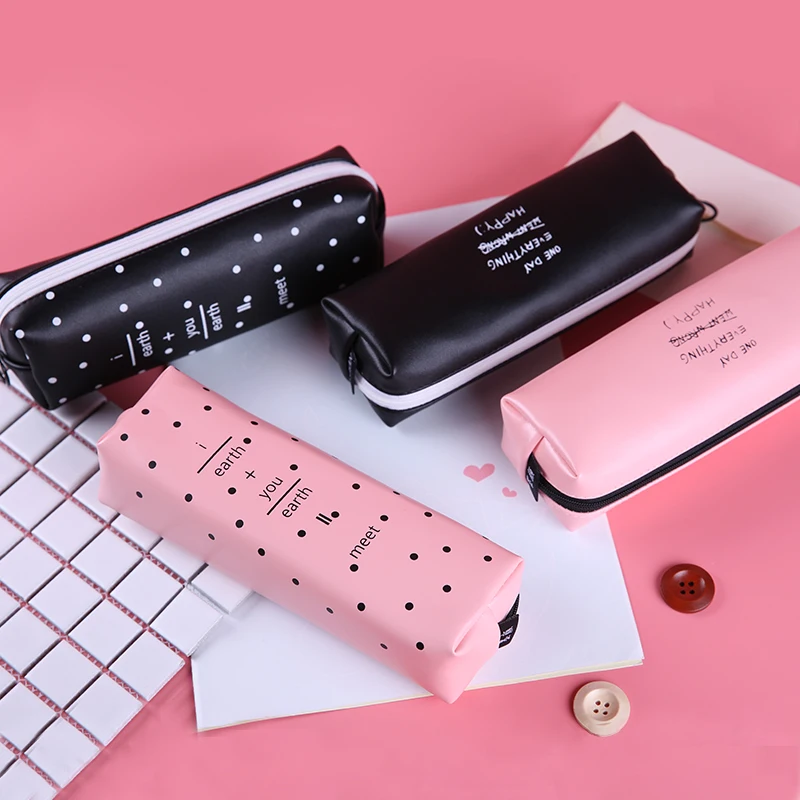 Cute Pink pencil case for girls Kawaii Black white Dot Pu Leather Pen Bag Stationery Pouch Office School Supplies Zakka escolar |