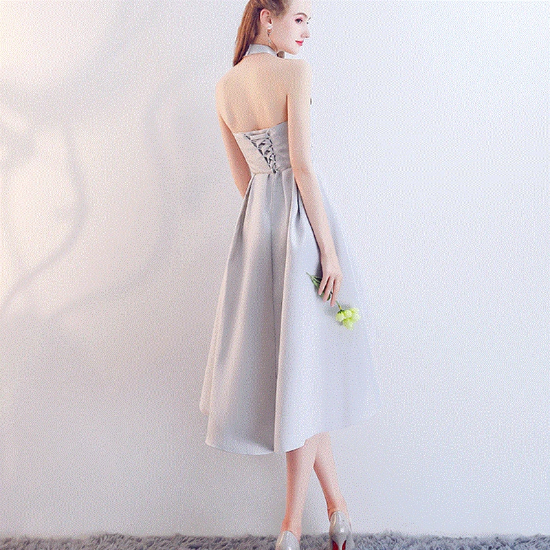 Vestido De Festa Новое серое платье подружки невесты Короткое атласное на бретельках